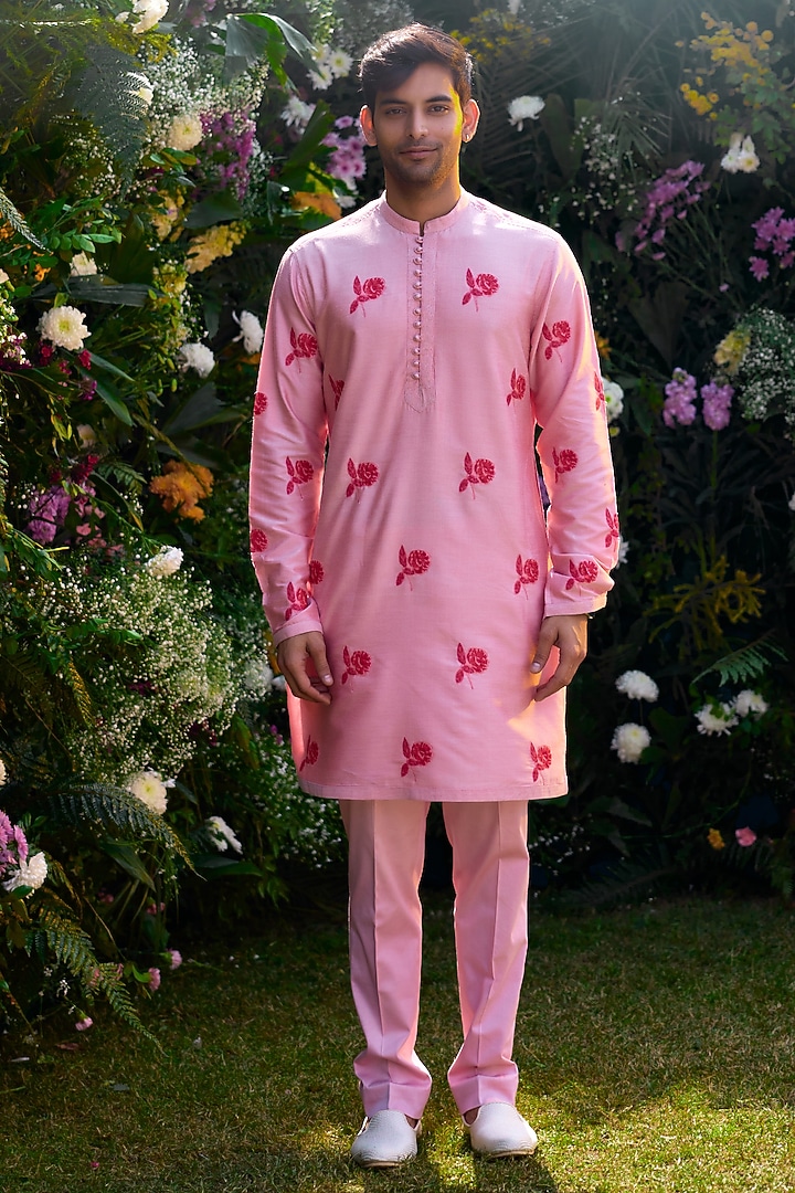 Prism Pink Cotton silk Handblock Printed Kurta Set by Shyam Narayan Prasad Men at Pernia's Pop Up Shop