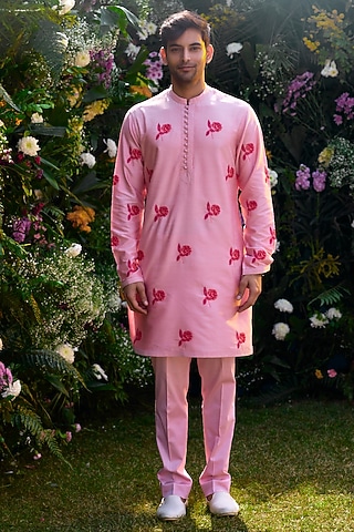 Prism Pink Cotton silk Handblock Printed Kurta Set by Shyam Narayan Prasad Men