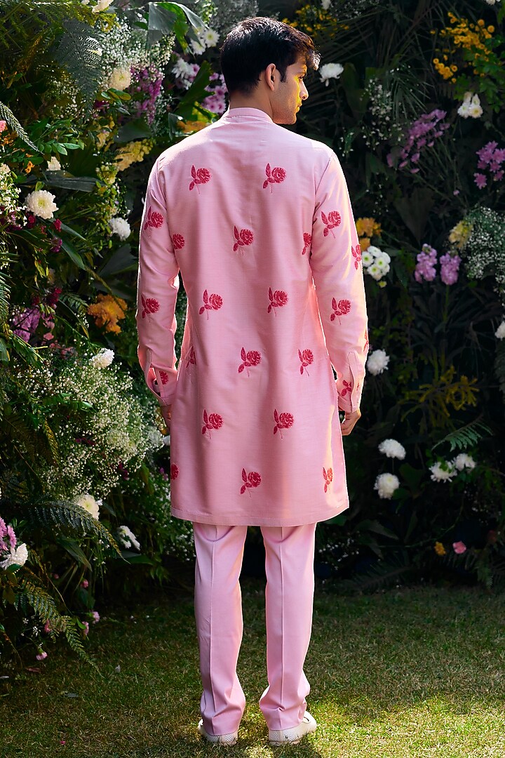 Prism Pink Cotton silk Handblock Printed Kurta Set by Shyam Narayan Prasad Men at Pernia's Pop Up Shop