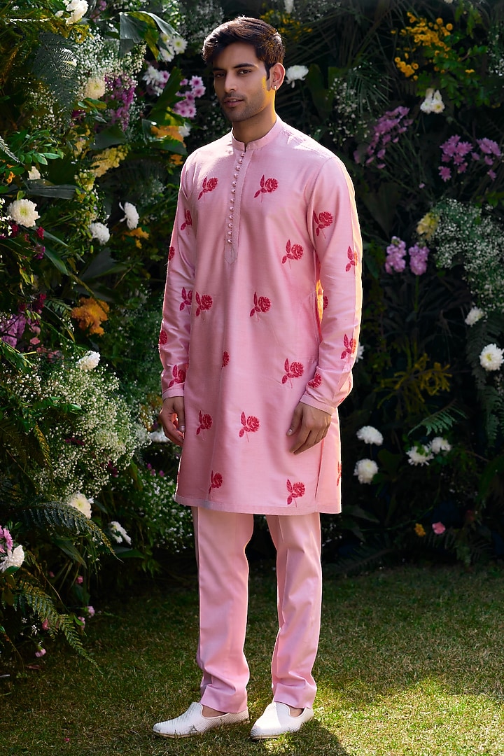 Prism Pink Cotton silk Handblock Printed Kurta Set by Shyam Narayan Prasad Men at Pernia's Pop Up Shop
