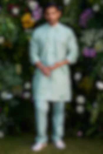 Aqua Blue Chanderi Handblock Printed Kurta Set by Shyam Narayan Prasad Men at Pernia's Pop Up Shop