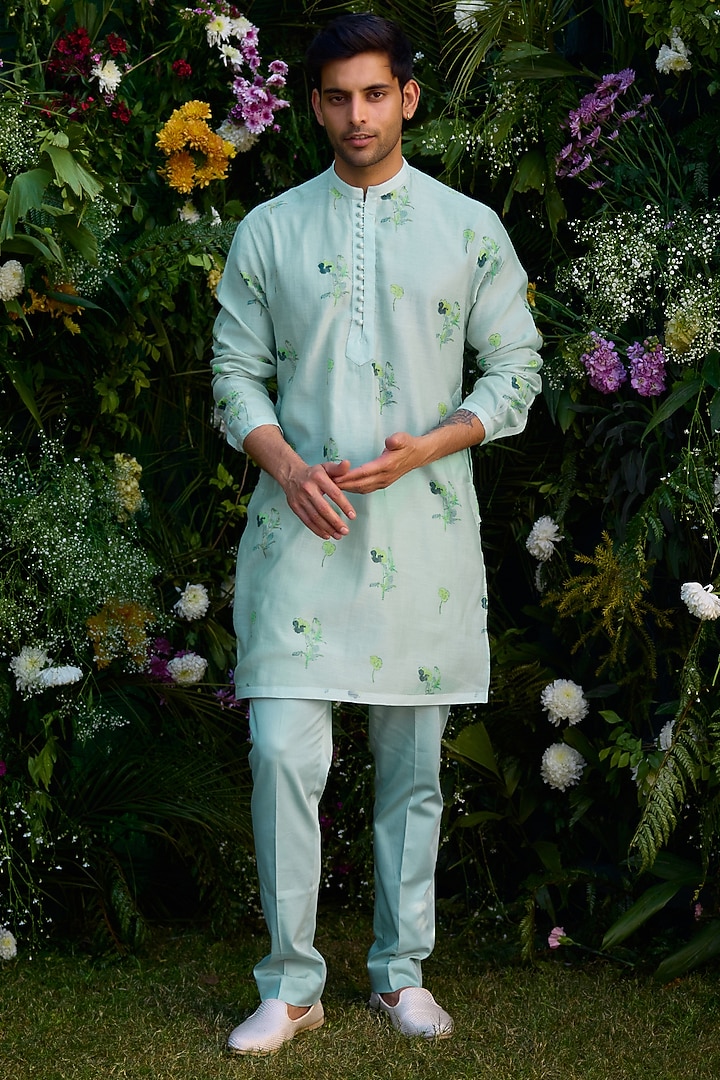 Aqua Blue Chanderi Handblock Printed Kurta Set by Shyam Narayan Prasad Men at Pernia's Pop Up Shop