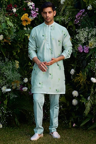 Aqua Blue Chanderi Handblock Printed Kurta Set by Shyam Narayan Prasad Men