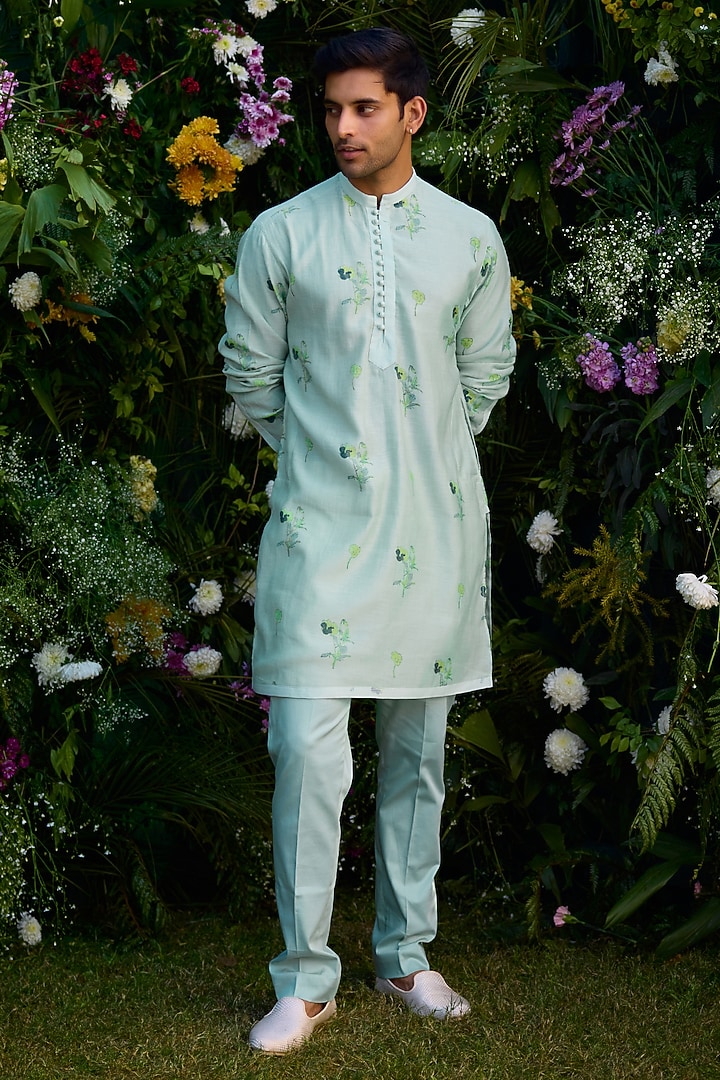 Aqua Blue Chanderi Handblock Printed Kurta Set by Shyam Narayan Prasad Men at Pernia's Pop Up Shop