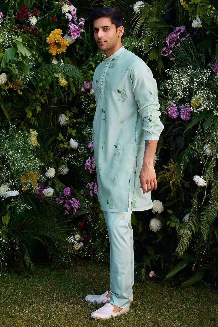 Aqua Blue Chanderi Handblock Printed Kurta Set by Shyam Narayan Prasad Men at Pernia's Pop Up Shop