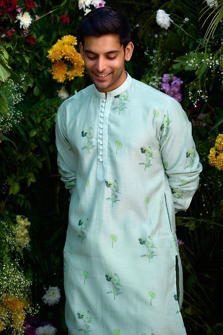Aqua Blue Chanderi Handblock Printed Kurta Set by Shyam Narayan Prasad Men at Pernia's Pop Up Shop
