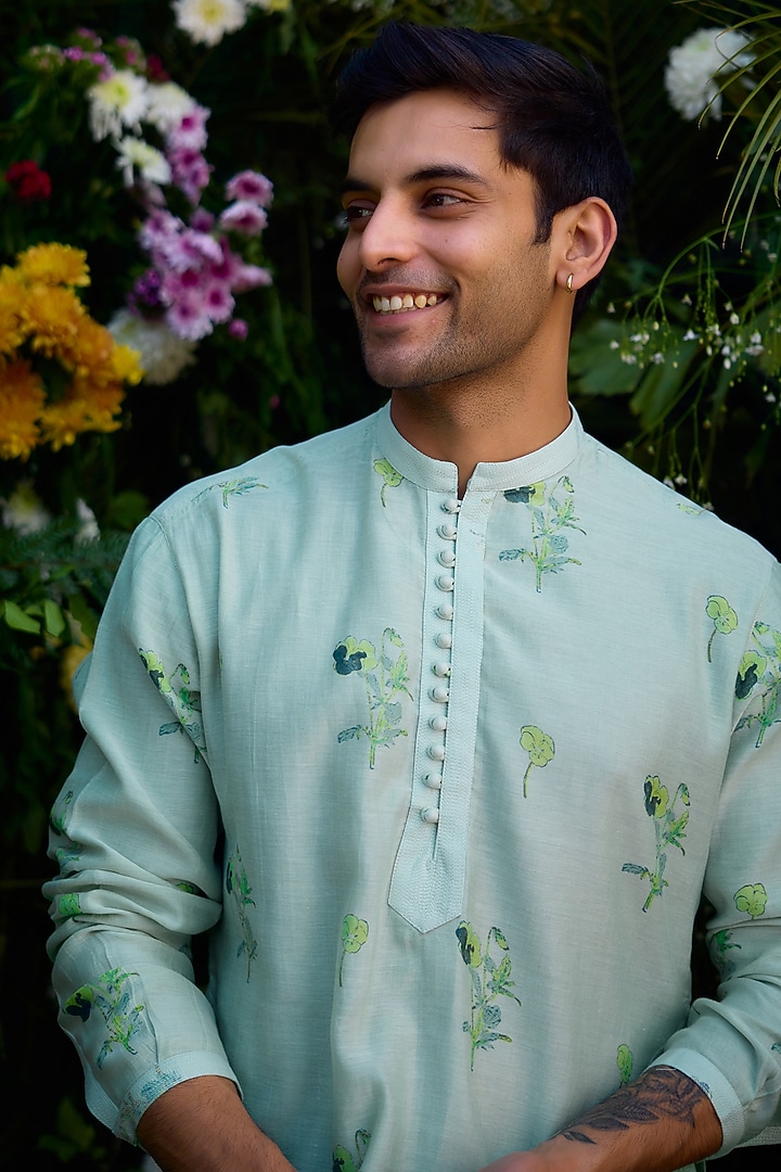 Aqua Blue Chanderi Handblock Printed Kurta Set by Shyam Narayan Prasad Men at Pernia's Pop Up Shop
