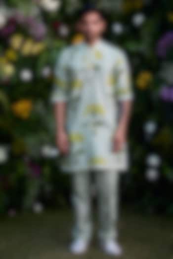 Mist Green Chanderi Handblock Printed Kurta Set by Shyam Narayan Prasad Men at Pernia's Pop Up Shop