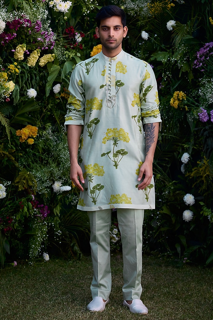 Mist Green Chanderi Handblock Printed Kurta Set by Shyam Narayan Prasad Men at Pernia's Pop Up Shop