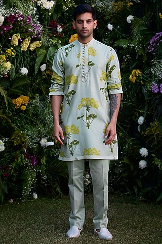 Mist Green Chanderi Handblock Printed Kurta Set by Shyam Narayan Prasad Men