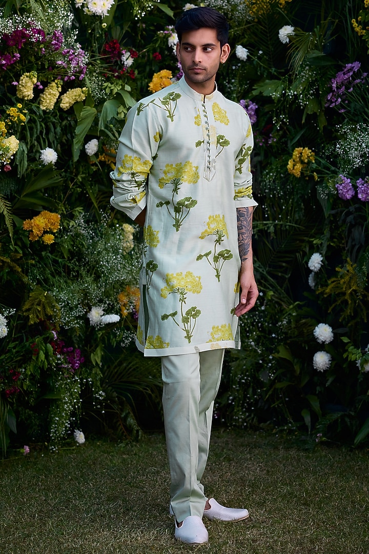 Mist Green Chanderi Handblock Printed Kurta Set by Shyam Narayan Prasad Men at Pernia's Pop Up Shop