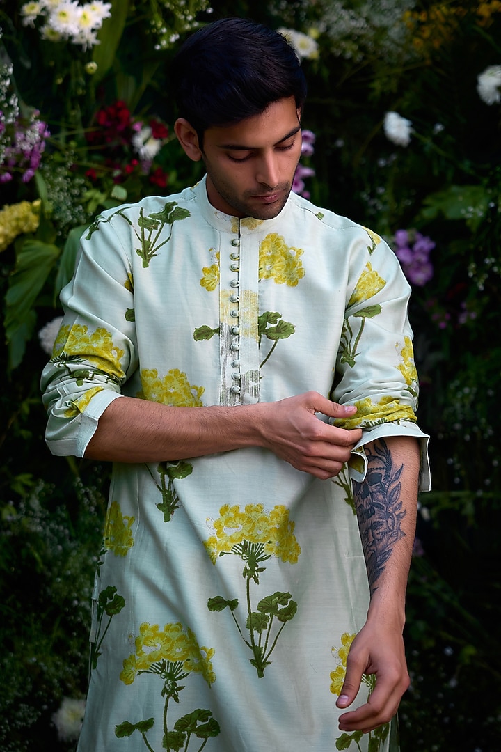 Mist Green Chanderi Handblock Printed Kurta Set by Shyam Narayan Prasad Men at Pernia's Pop Up Shop