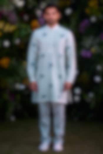 Illusion Blue Chanderi Handblock Printed Kurta Set by Shyam Narayan Prasad Men at Pernia's Pop Up Shop