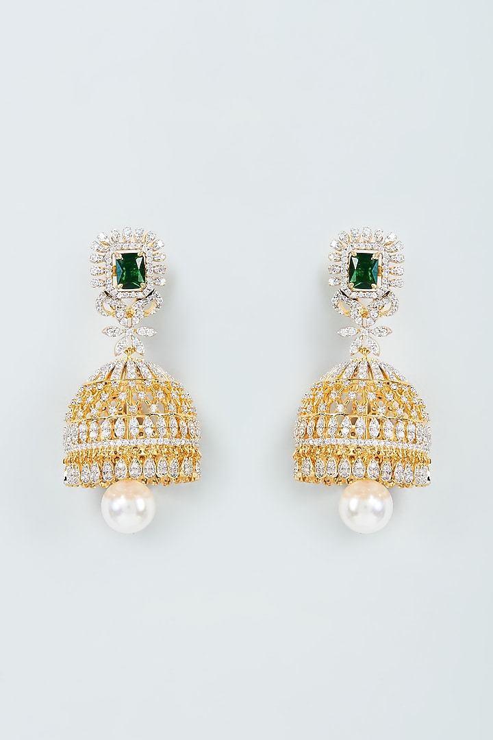 Two Tone Finish Zircon & Green Stone Jhumka Earrings in Sterling Silver by Sneha Rateria at Pernia's Pop Up Shop