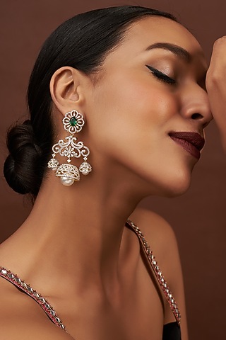 Two Tone Finish Zircon & Green Stone Dangler Earrings in Sterling Silver by Sneha Rateria