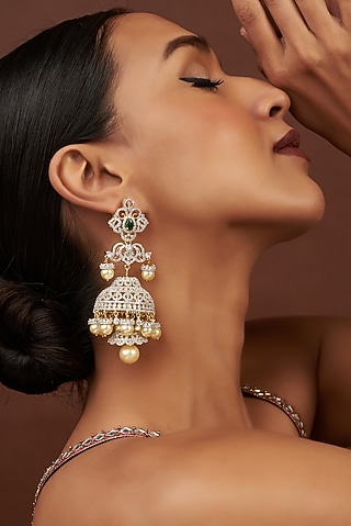 Two Tone Finish Zircon & Green Stone Jhumka Earrings in Sterling Silver by Sneha Rateria