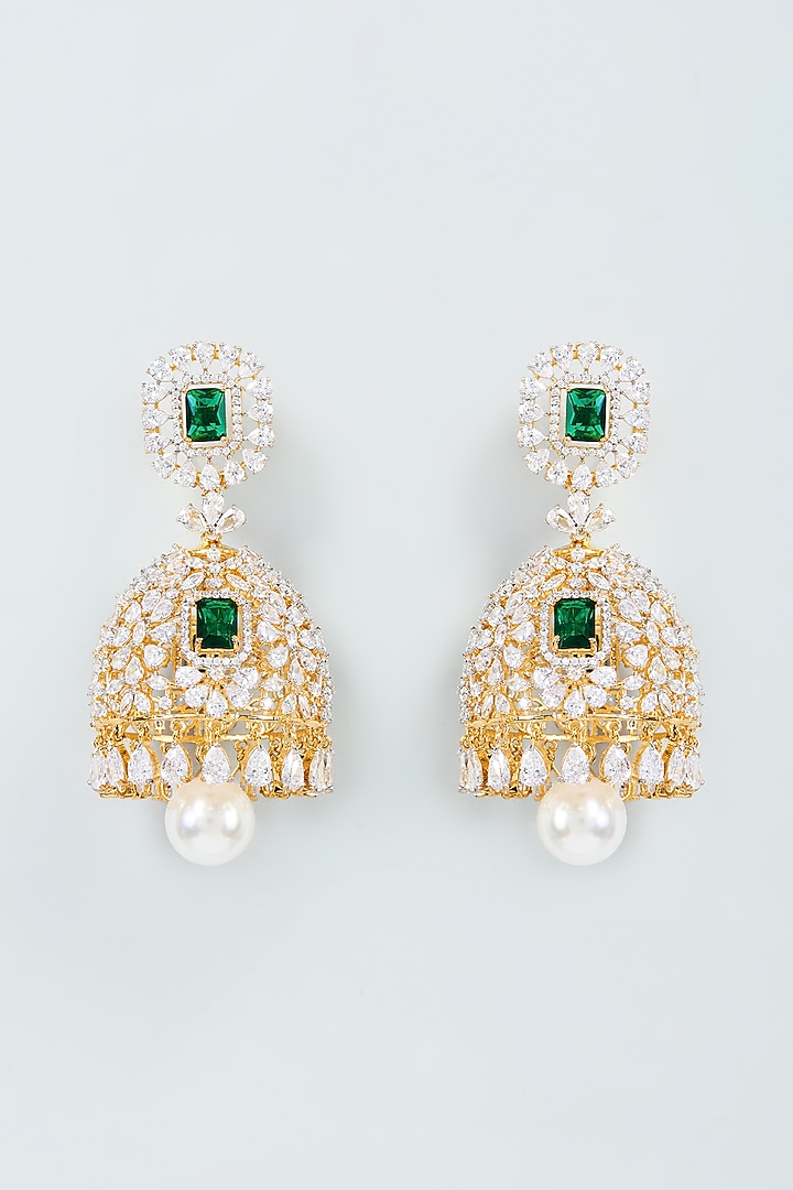 Two Tone Finish Cubic Zirconia & Emerald Jhumka Earrings in Sterling Silver by Sneha Rateria at Pernia's Pop Up Shop