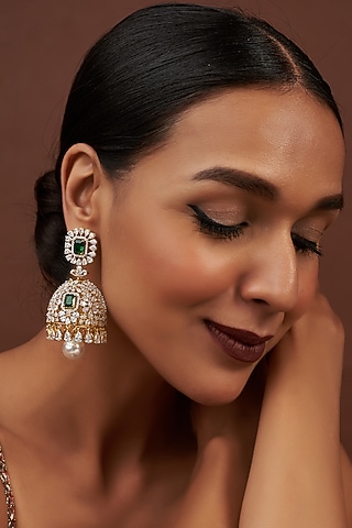 Two Tone Finish Cubic Zirconia & Emerald Jhumka Earrings in Sterling Silver by Sneha Rateria