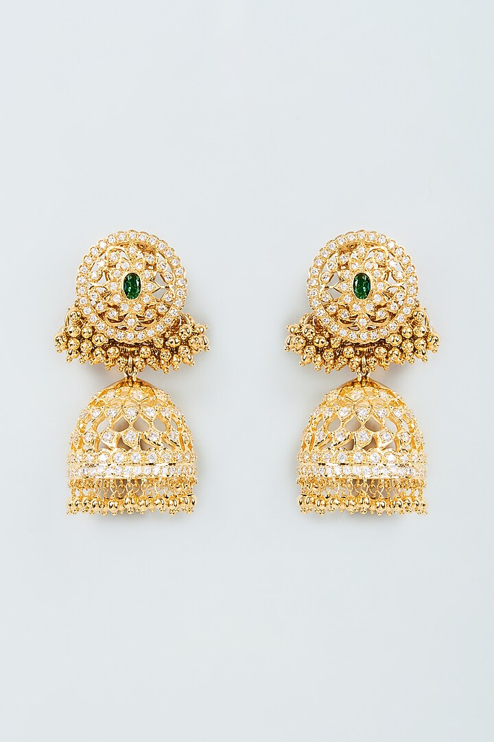 Gold Finish Cubic Zirconia & Emerald Jhumka Earrings in Sterling Silver by Sneha Rateria at Pernia's Pop Up Shop