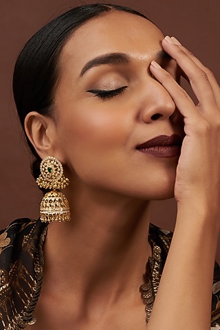 Gold Finish Cubic Zirconia & Emerald Jhumka Earrings in Sterling Silver by Sneha Rateria
