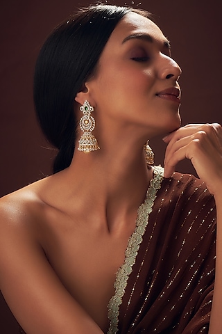 Two Tone Finish Zircon Jhumka Earrings in Sterling Silver by Sneha Rateria