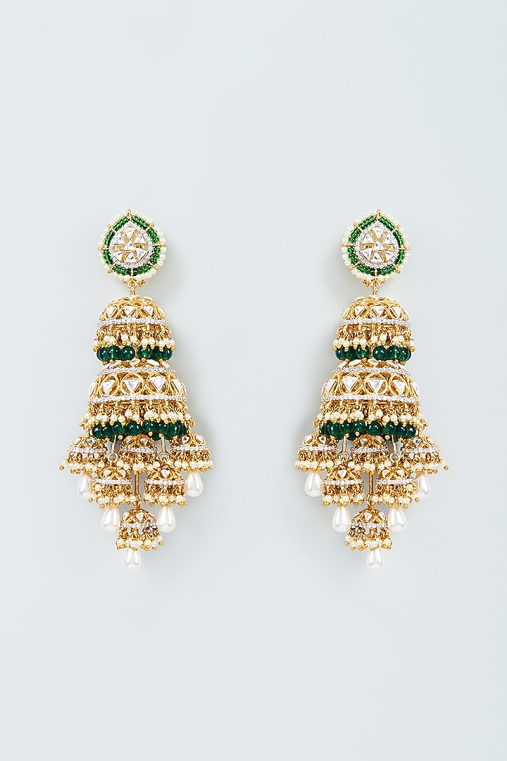 Gold Finish Cubic Zirconia Jhumka Earrings in Sterling Silver by Sneha Rateria at Pernia's Pop Up Shop