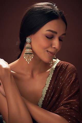 Gold Finish Cubic Zirconia Jhumka Earrings in Sterling Silver by Sneha Rateria