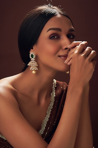 Two Tone Finish Zircon Jhumka Earrings in Sterling Silver by Sneha Rateria
