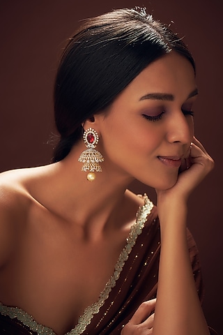Two Tone Finish Zircon Jhumka Earrings in Sterling Silver by Sneha Rateria