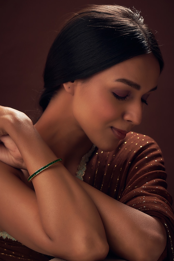 Gold Finish Emerald & Sapphire Bangle in Sterling Silver by Sneha Rateria