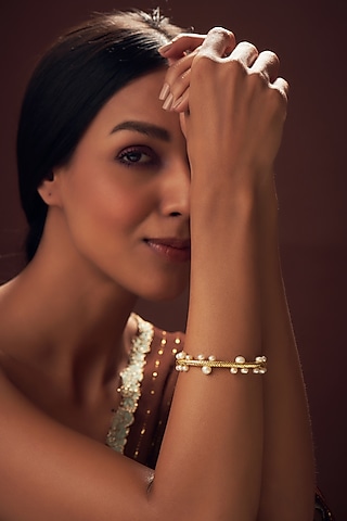 Gold Plated Pearl Bangle in Sterling Silver by Sneha Rateria