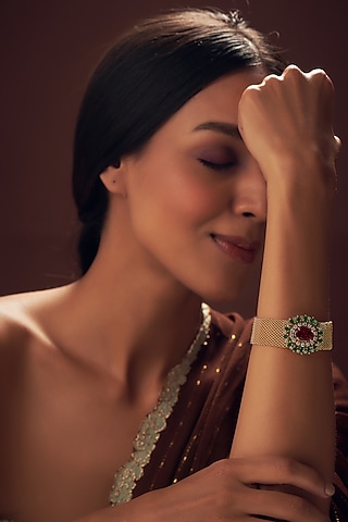 Gold Finish Ruby & Zircon Bracelet in Sterling Silver by Sneha Rateria