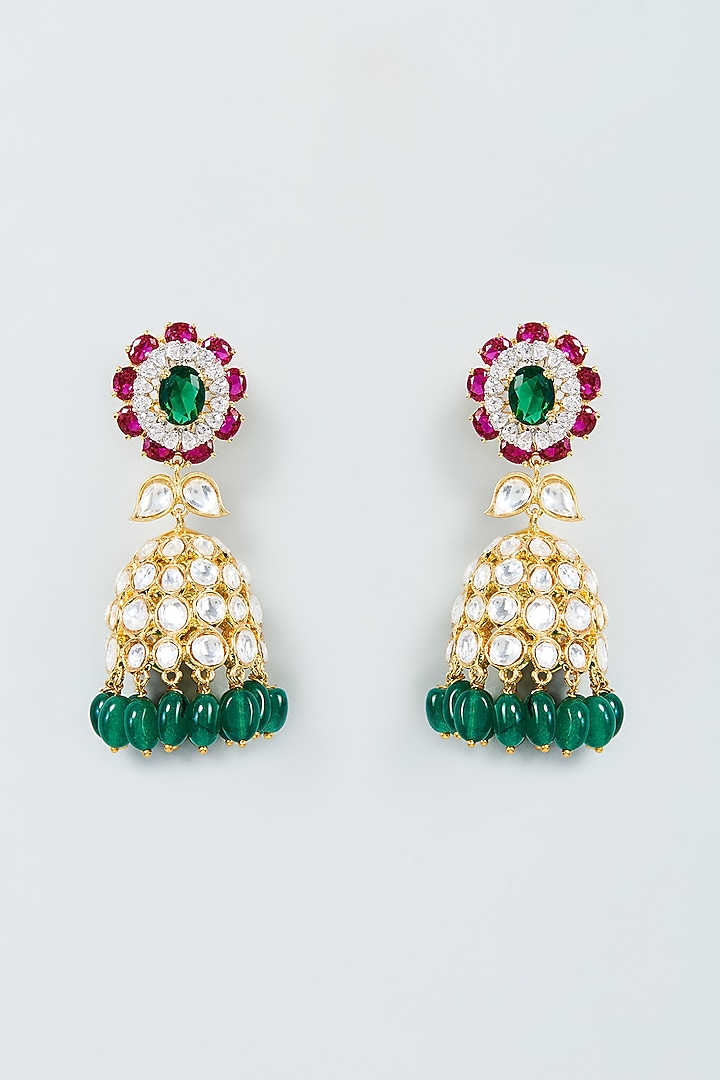 Gold Finish Cubic Zirconia & Ruby Earrings in Sterling Silver by Sneha Rateria at Pernia's Pop Up Shop