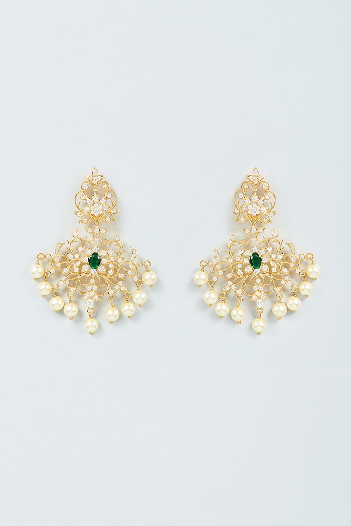 Gold Finish Cubic Zirconia & Emerald Earrings in Sterling SIlver by Sneha Rateria at Pernia's Pop Up Shop