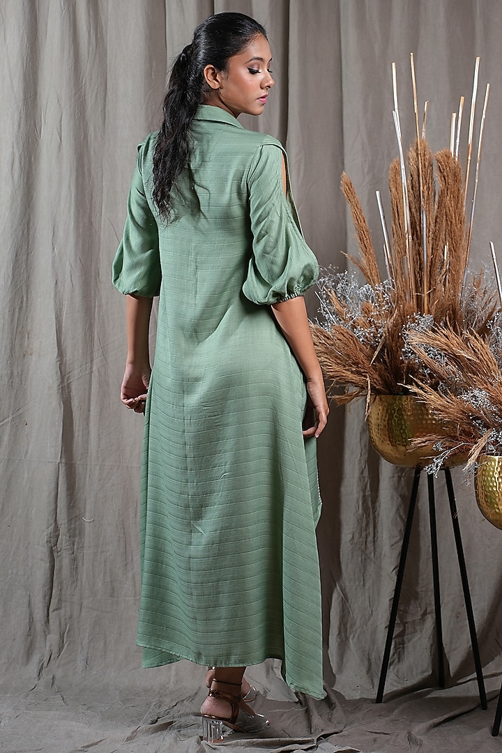 Green Tencel Embroidered High-Low Shirt Dress Design By, 41% OFF