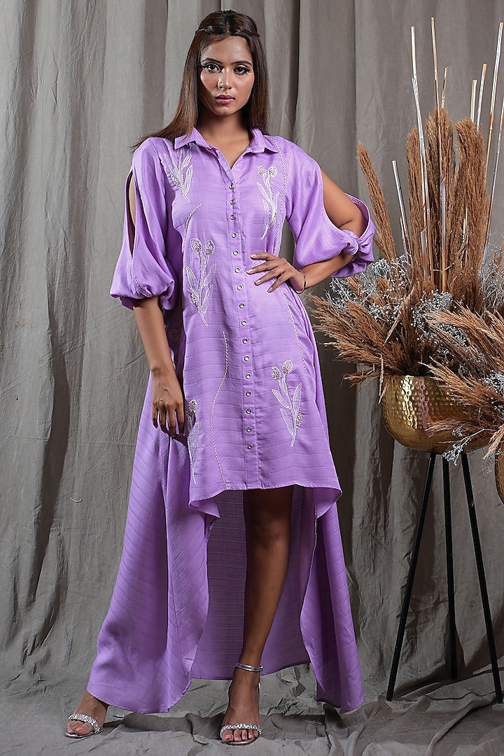 Lilac Tencel Embroidered High-Low Shirt Dress by Saniya Rao