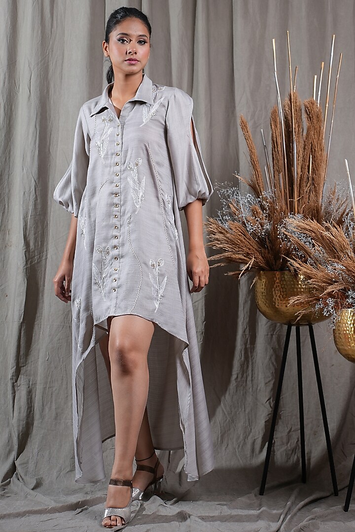 Beige Tencel Embroidered High-Low Shirt Dress by Saniya Rao
