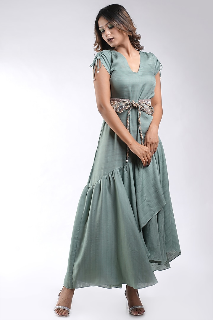 Green Tencel Embroidered Asymmetrical Summer Dress by Saniya Rao at Pernia's Pop Up Shop