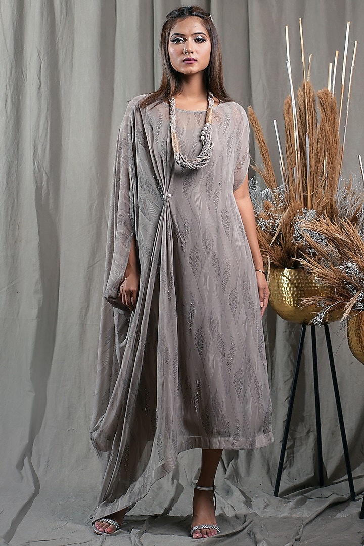 Brown Georgette Embellished & Printed Pleated Kaftan Set by Saniya Rao at Pernia's Pop Up Shop