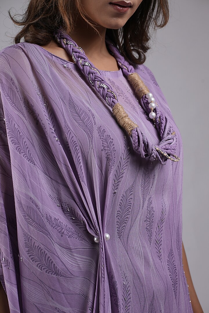 Lilac Georgette Embellished & Printed Pleated Kaftan Set by Saniya Rao at Pernia's Pop Up Shop