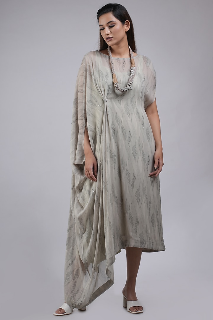 Beige Georgette Embellished & Printed Pleated Kaftan Set by Saniya Rao at Pernia's Pop Up Shop