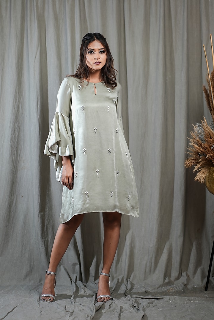 Beige Modal Satin Embellished Dress by Saniya Rao at Pernia's Pop Up Shop