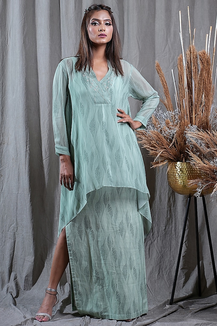 Green Georgette Embroidered & Printed Flared Tunic With Dress by Saniya Rao