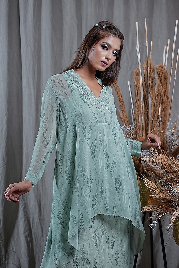 Green Georgette Embroidered & Printed Flared Tunic With Dress by Saniya Rao at Pernia's Pop Up Shop