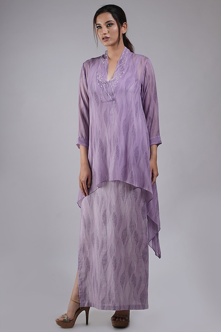 Lilac Georgette Embroidered & Printed Flared Tunic With Dress by Saniya Rao