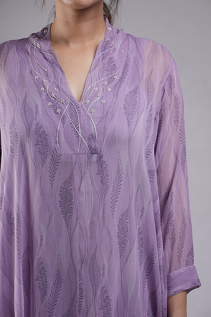 Lilac Georgette Embroidered & Printed Flared Tunic With Dress by Saniya Rao at Pernia's Pop Up Shop