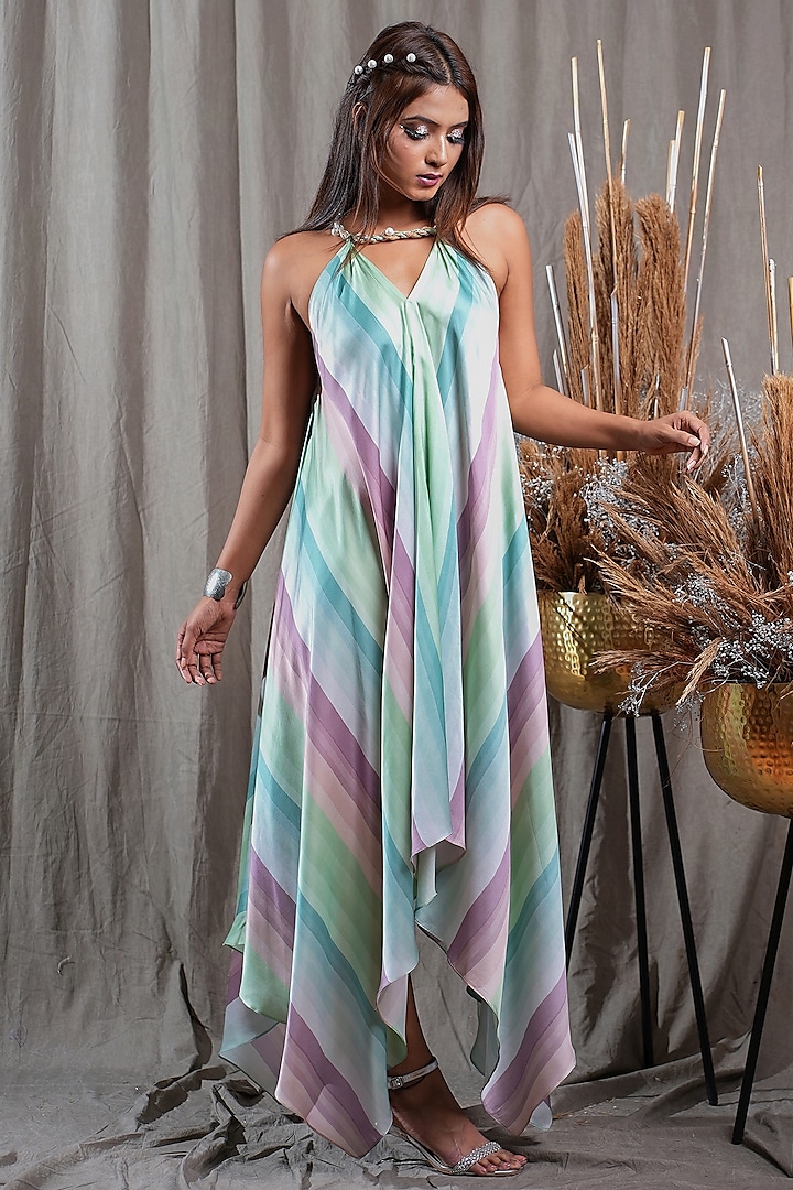 Multi-Colored Modal Satin Embellished & Printed Handkerchief Dress by Saniya Rao