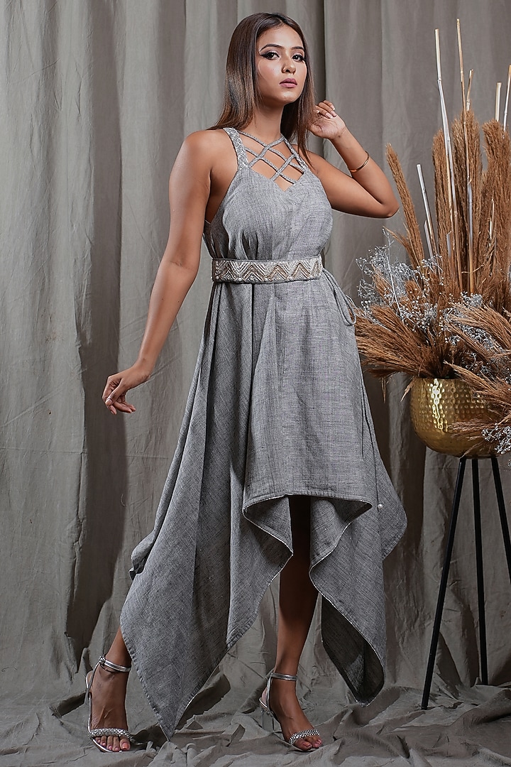 Charcoal Black Handwoven Cotton Khadi High-Low Summer Dress With Belt by Saniya Rao at Pernia's Pop Up Shop