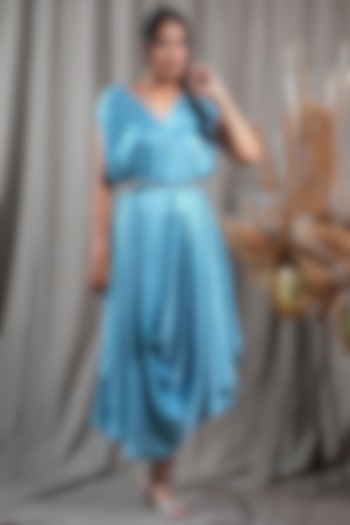 Blue Modal Satin Cowl Draped Dress With Belt by Saniya Rao at Pernia's Pop Up Shop