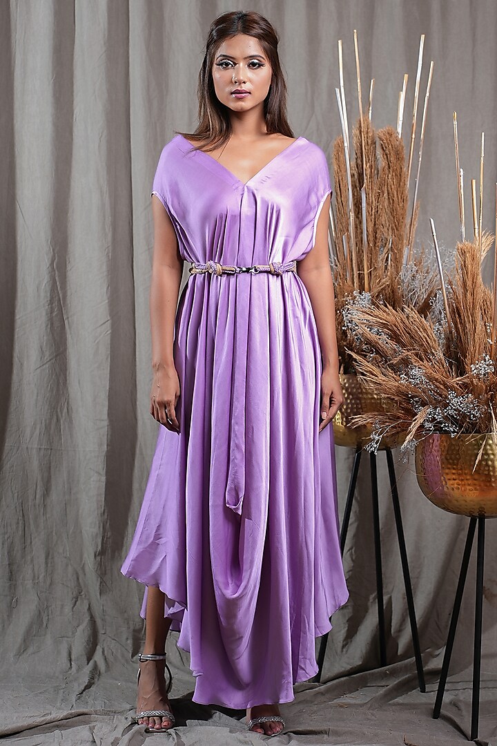 Lilac Modal Satin Cowl Draped Dress With Belt by Saniya Rao at Pernia's Pop Up Shop